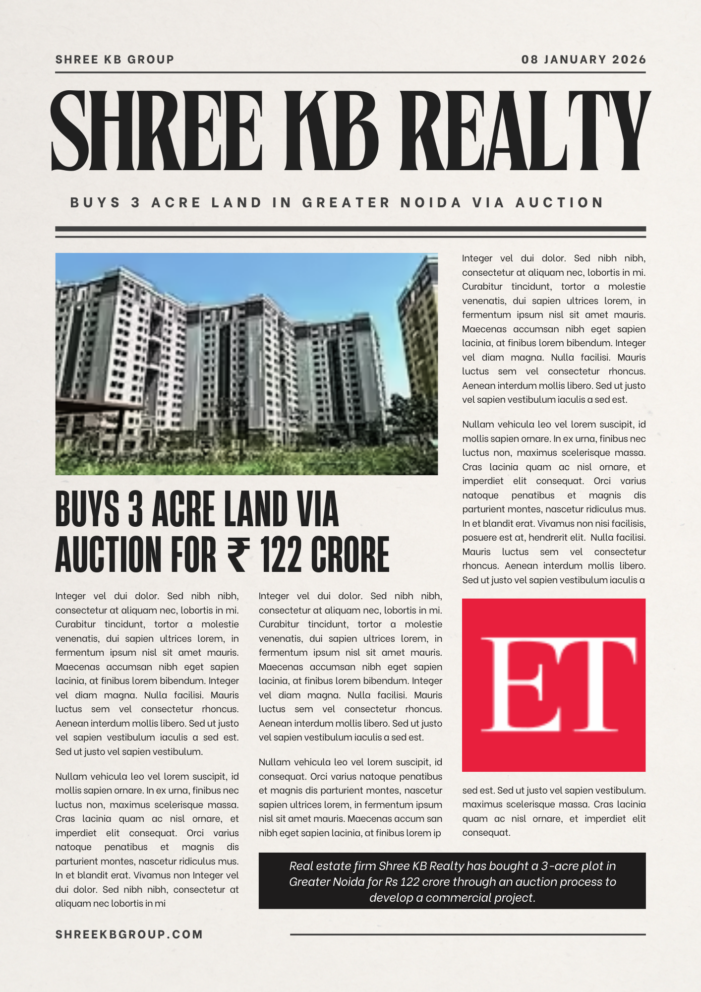 Shree KB Realty Acquires 3-Acre Land for ₹122 Crore in Greater Noida Auction